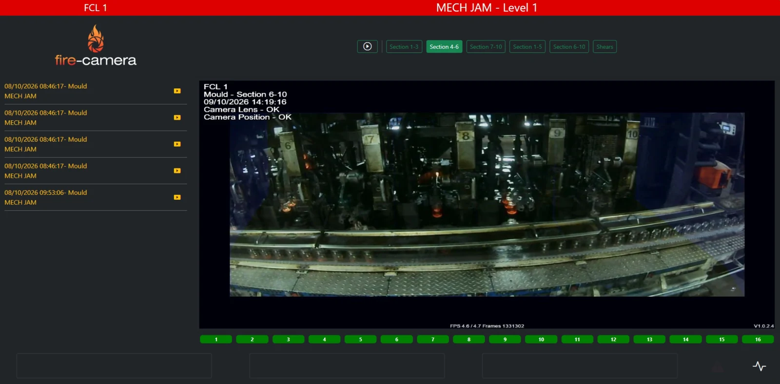 Fire-Camera HMI showing a Level 1 mechanical jam alert on the mould side, with live camera view and event list