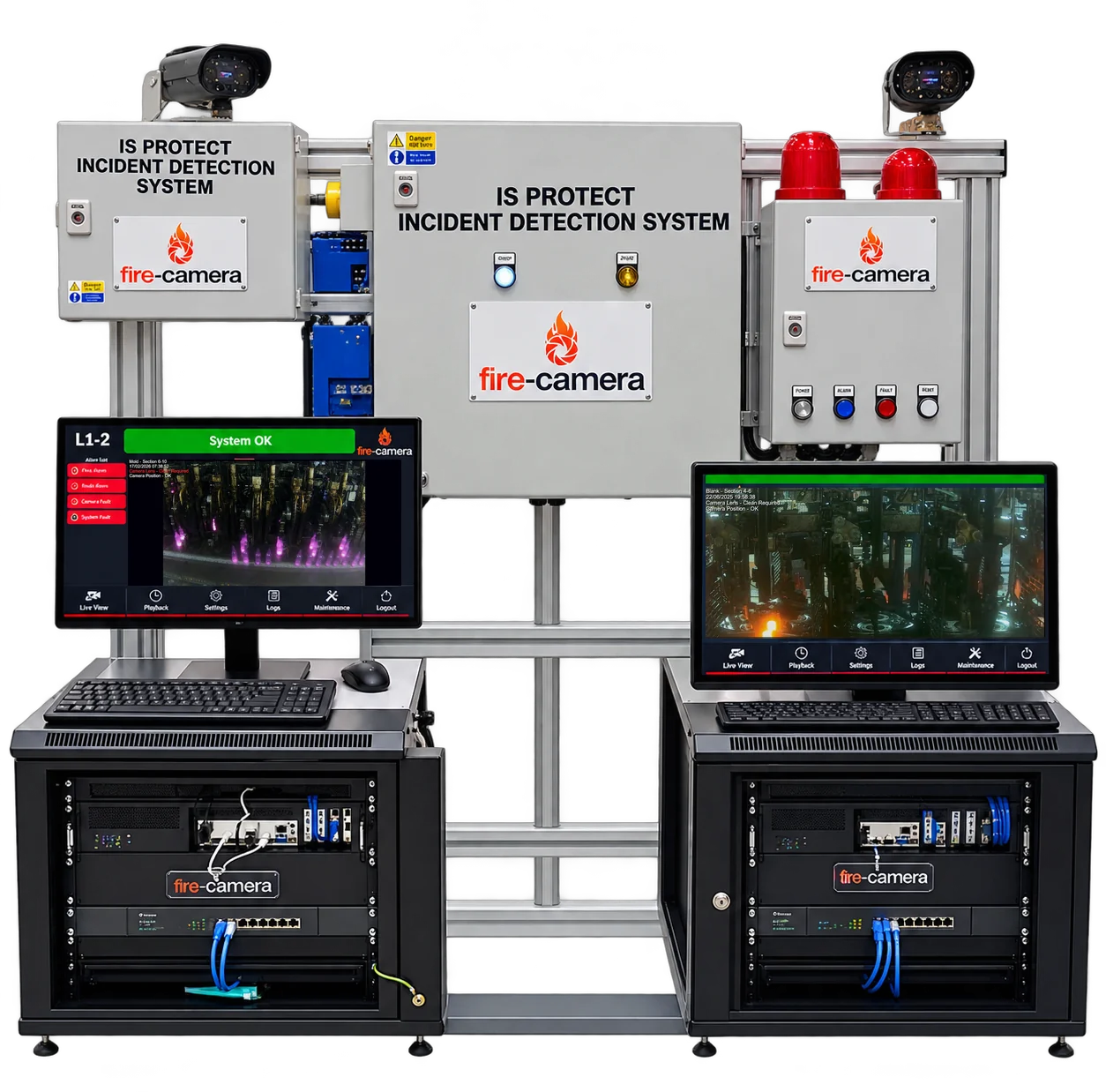 IS Protect Plus incident detection system: camera heads, control enclosures, alarm beacons, HMI screens and server racks